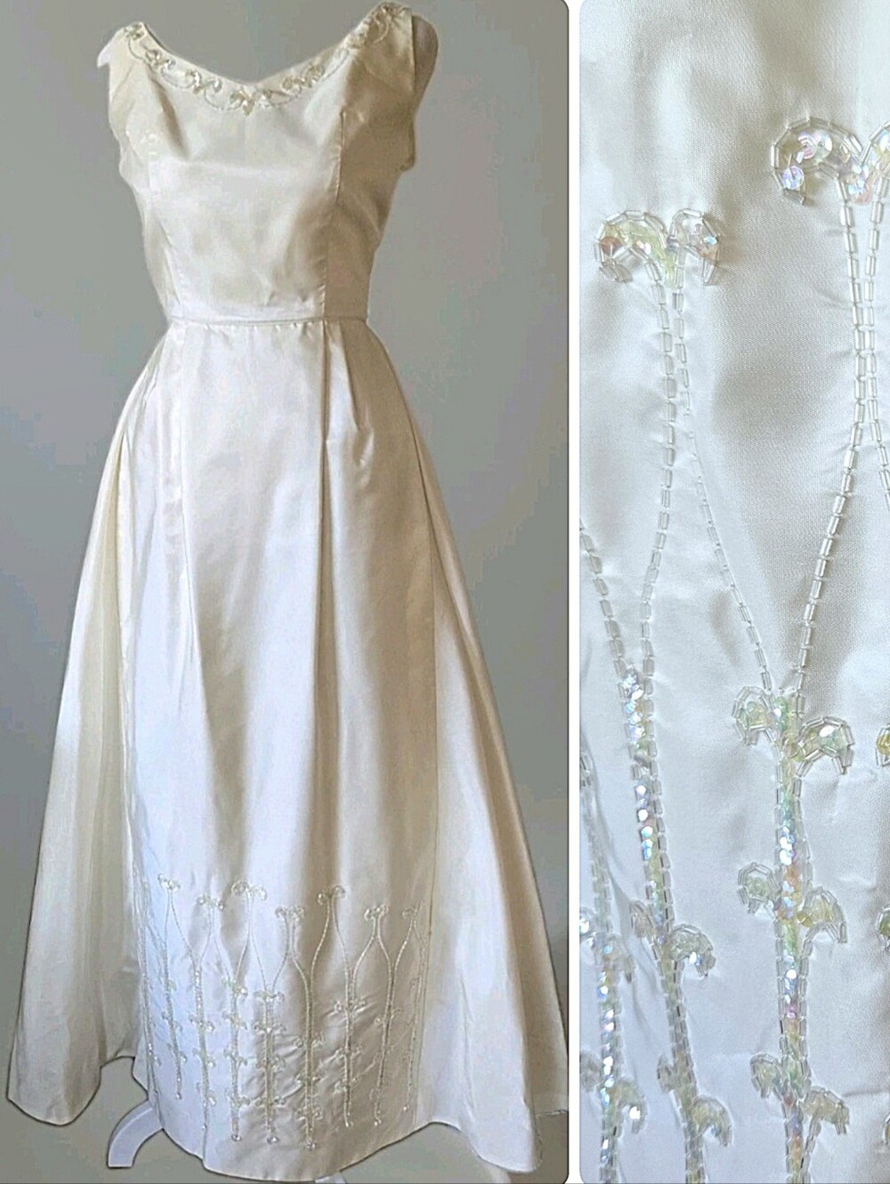 Vtg 60s 70s Ivory Beaded Sating Wedding Gown By Clifton Wilhite, 4/S